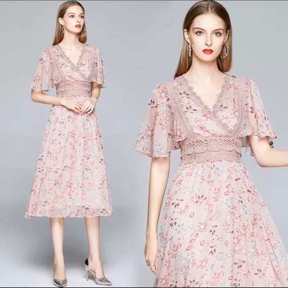✨SOLD✨ Lai Meng Five Cats Midi chiffon Dress Pink Flower Floral Elegant V neck - Picture 6 of 10
